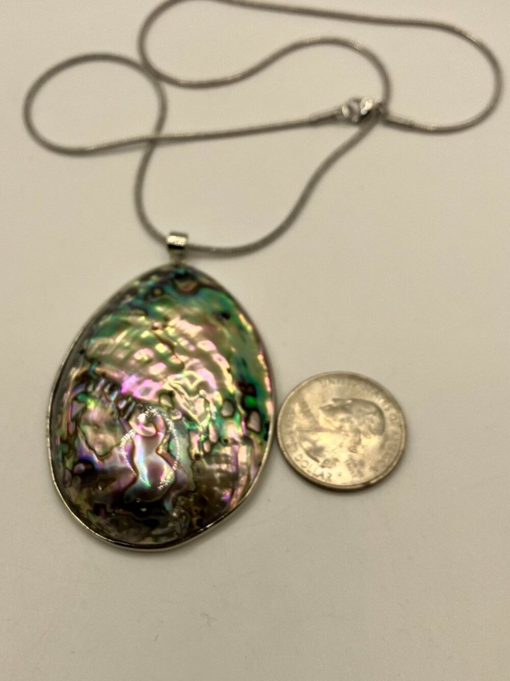 LAST Paua Abalone Large Pendant Necklace + 19-inch SNAKE chain NEW in Gift Box